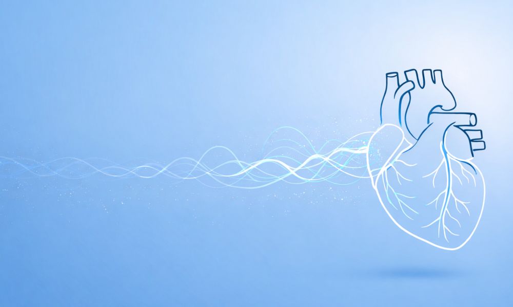 Stilisierte Illustration eines anatomischen Herzens auf blauem Hintergrund, von dem helle, wellenförmige Linien ausgehen und einen Herzschlag oder Energiefluss symbolisieren.